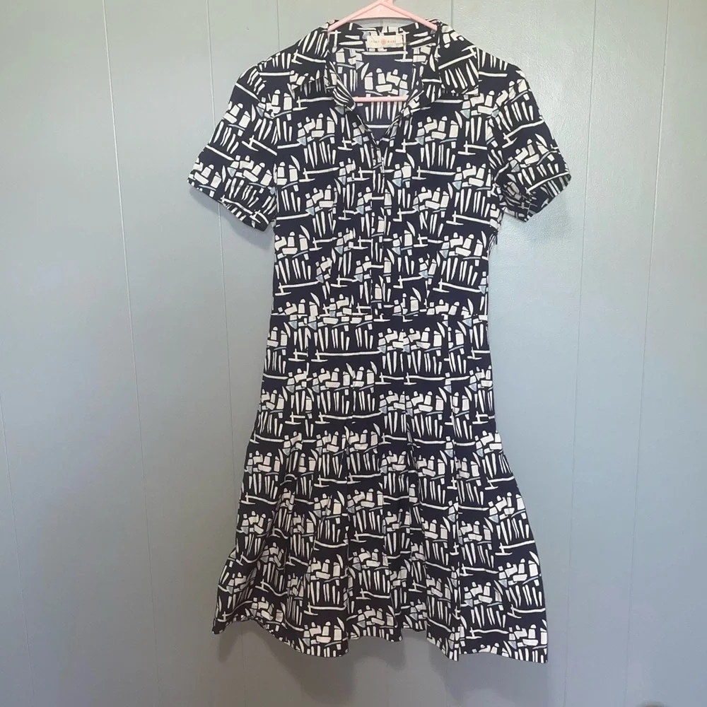 Tory Burch Navy White Abstract Button Down Short Sleeve Shirt Dress Size 2